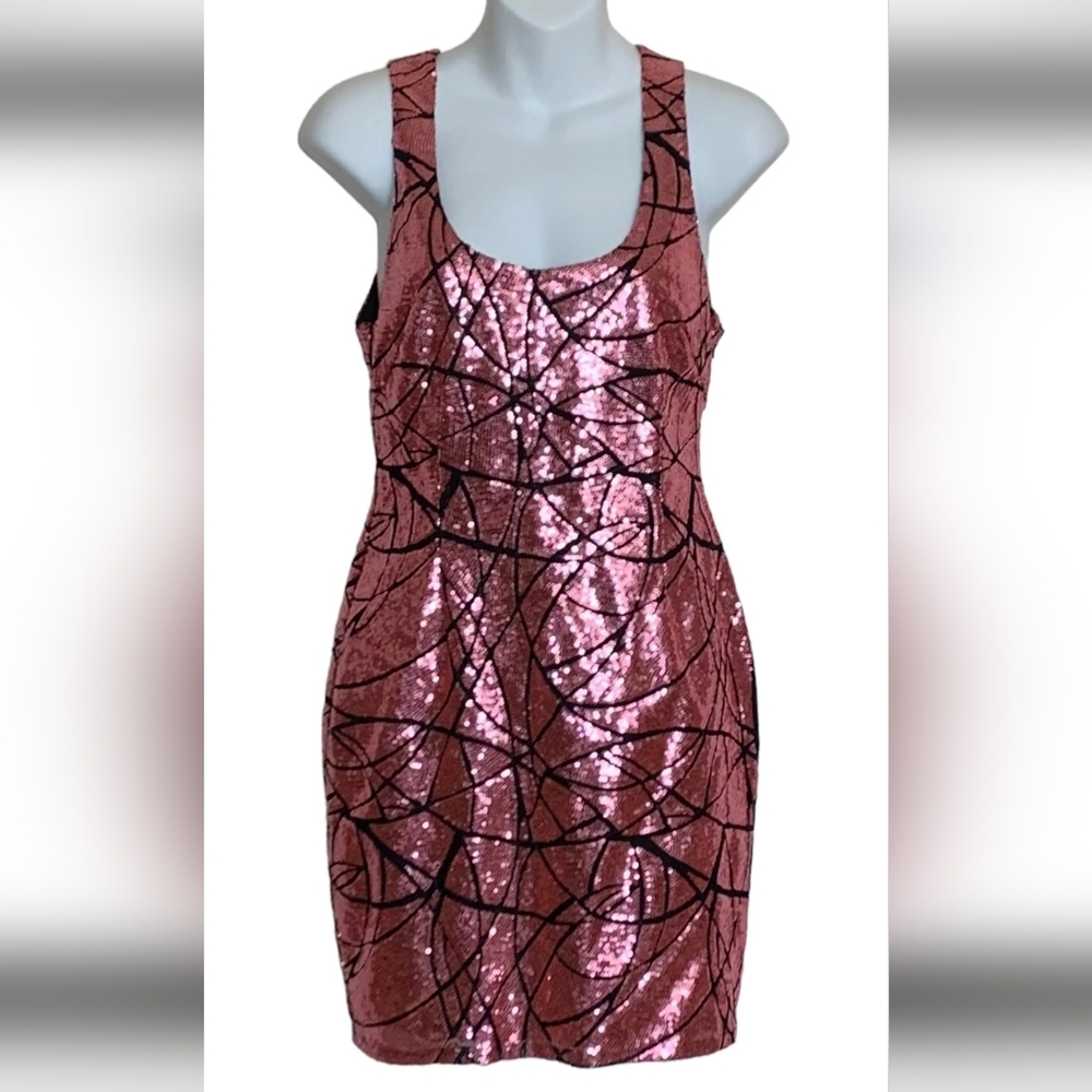 2B Bebe gunmetal pink metallic sequin sleeveless dress NWOT Size L